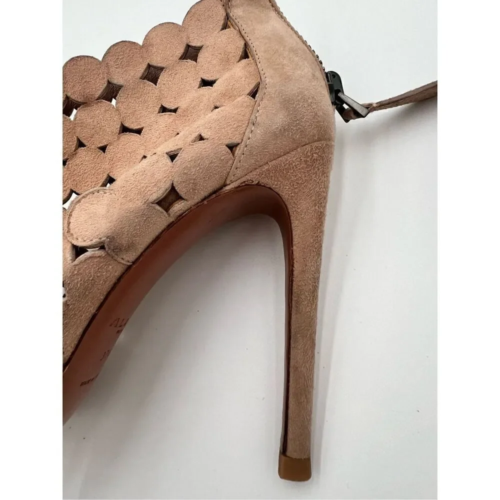 Alaia Paris Laser Cut Suede Booties Sandals Heels Nude Made in Italy 37.5